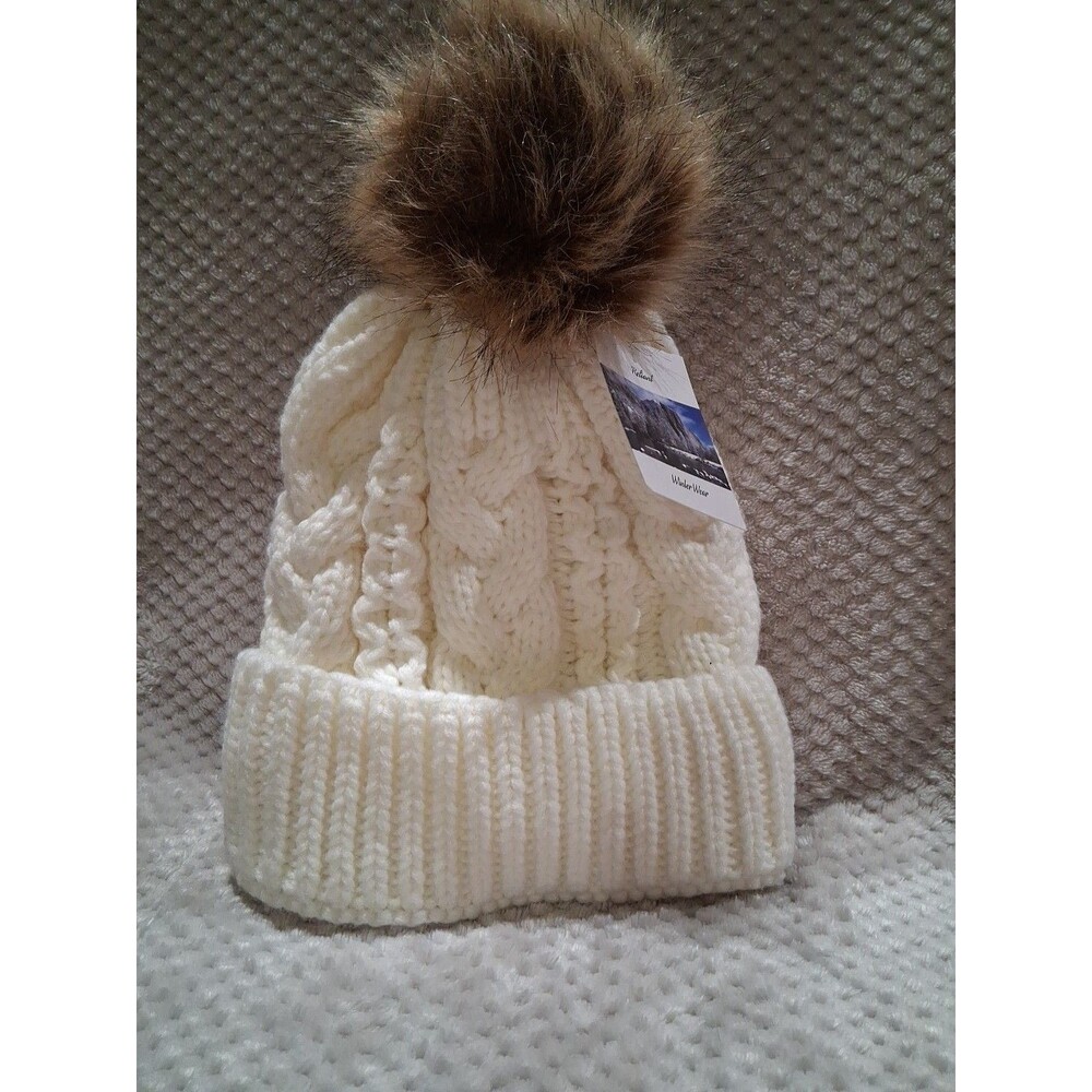 RELIANT WINTER WEAR Beanie Hat Wmn's Ivory Chunky Cable Knit Faux Fur Pom Bobble